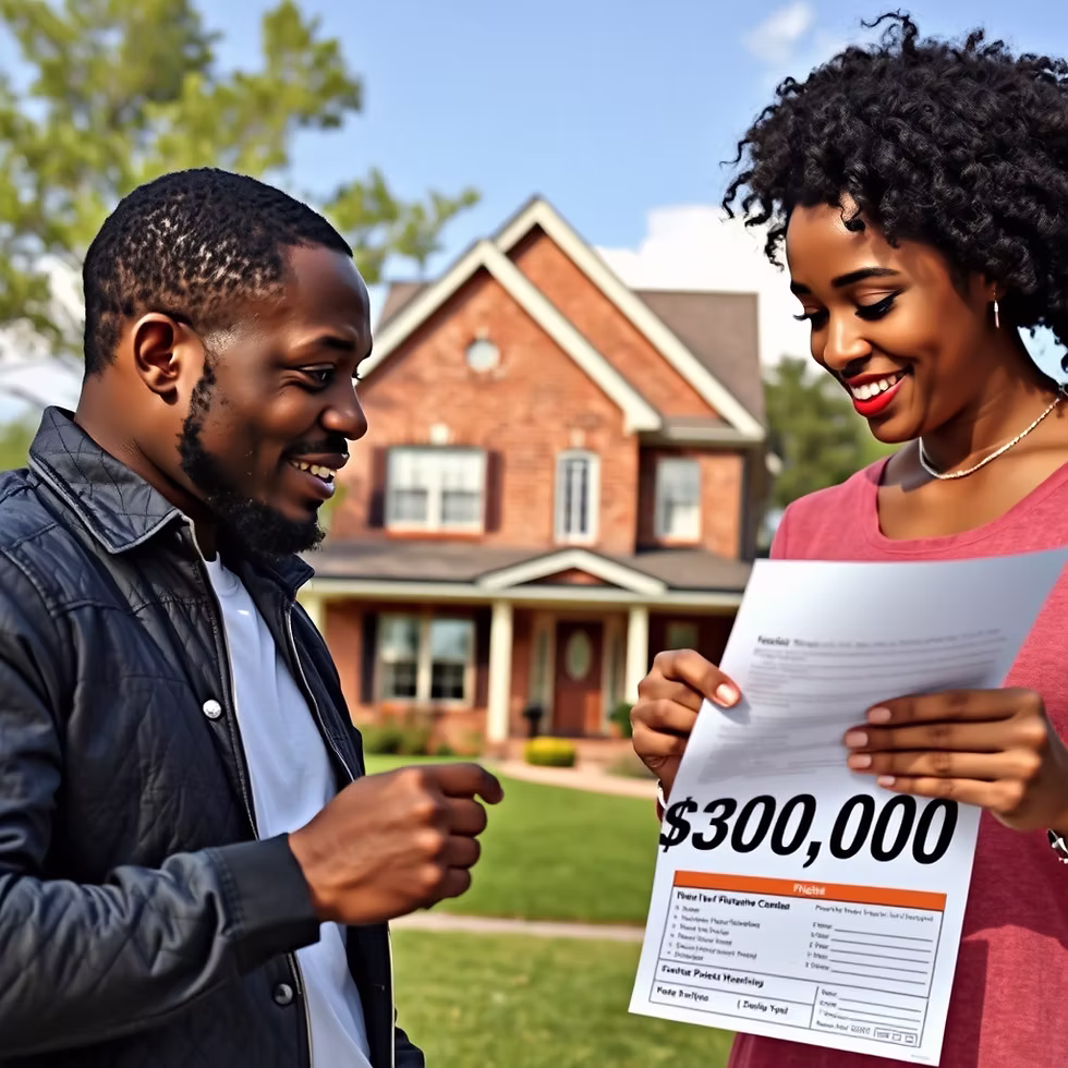 Smiling couple holding $300,000 check in front of a brick house on a sunny day. They appear happy and excited.
