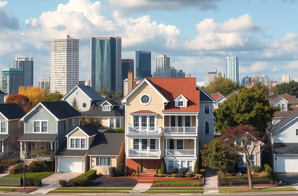 Suburban houses with colorful facades, lush trees, and a city skyline in the background under a blue sky with clouds.