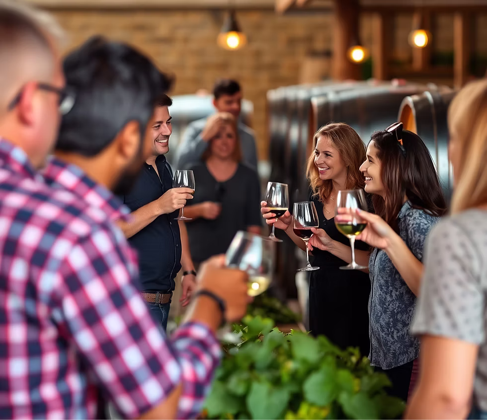 Group of people toasting with wine glasses in a winery. They are smiling, with wooden barrels in the background. Warm lighting and vibrant mood.